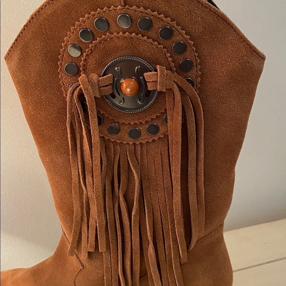 Dingo Western Cabincore Suede Fringe Mid Calf Cowboy Boot Tan - Picture 10 of 11